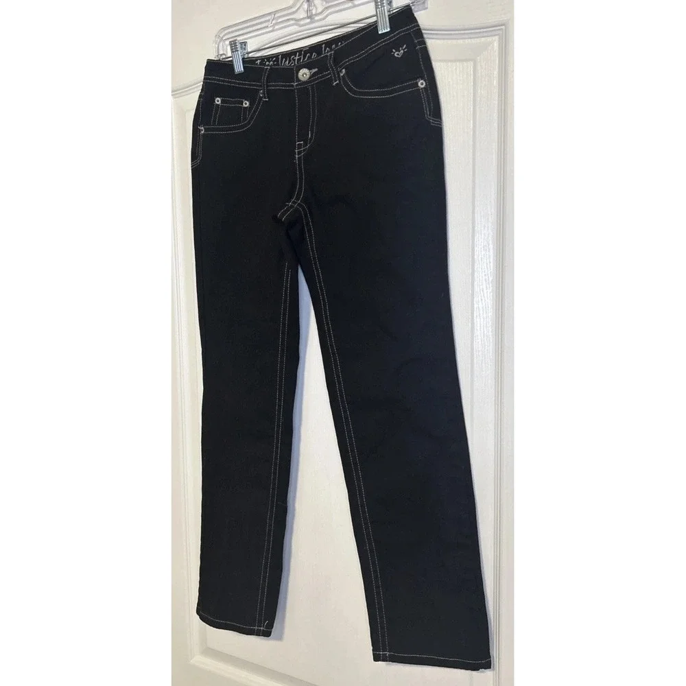 Justice Black Jeans Girls Size 12.5 Simply Low Straight Leg Contrast Stitching